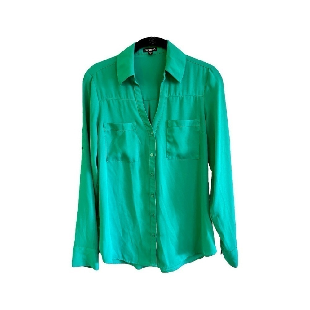 EXPRESS, COLLARED SHIRT. V-NECK, BUTTON DOWN, 2 POCKET BLOUSE. SIZE S/P